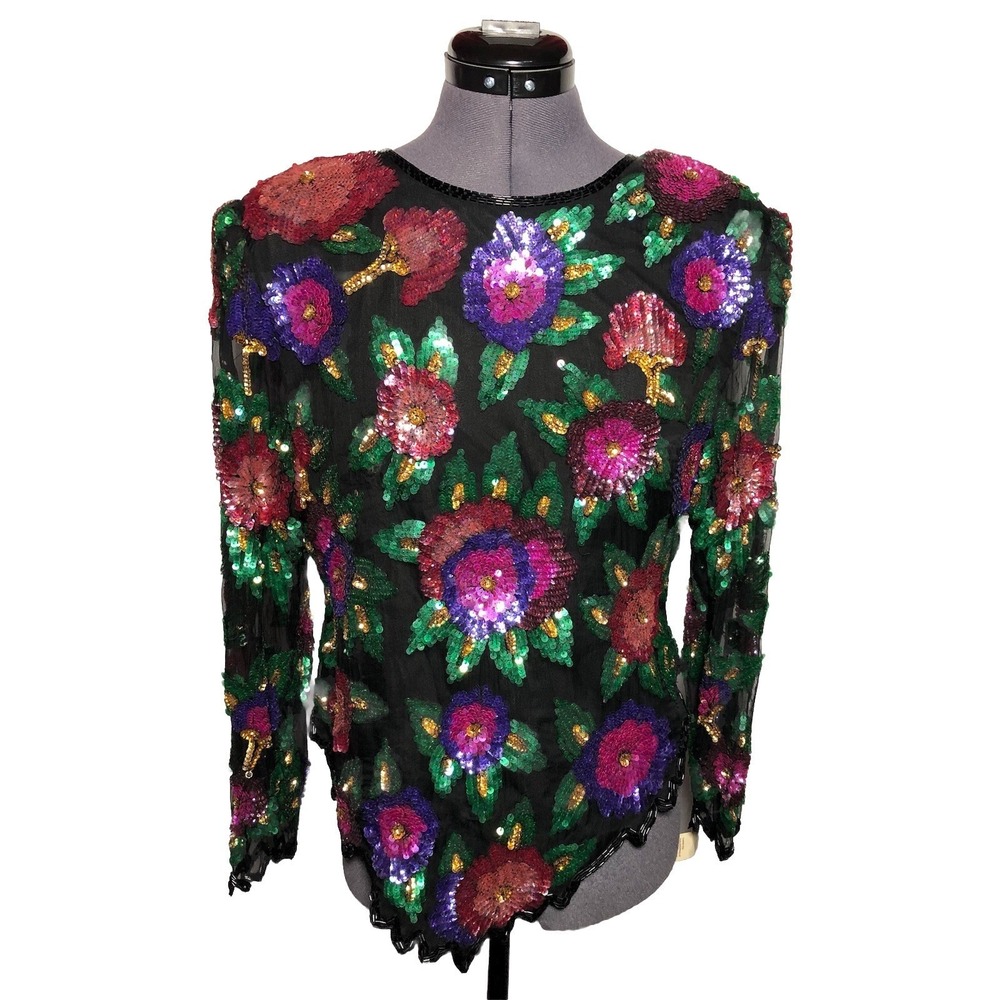 Vtg 80s Holiday Blouse Laurence Kazar Silk Sequin Beaded Floral Top NWT B38 L